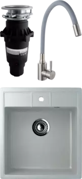 Комплект Мойка кухонная Ulgran U-406 -310 серая + Смеситель РМС Sus124gy SUS124GY-016F серый, сталь + Измельчитель Bone Crusher BC 810-SL Slim Line