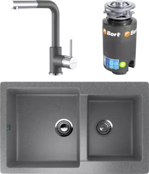 Комплект Мойка кухонная Ulgran U-505 -309 темно-серая + Смеситель Paulmark Kassel Ka214311-402 серый металлик + Измельчитель Bort Titan 4000