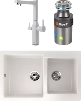 Комплект Мойка кухонная Ulgran U-505 -331 белая + Смеситель Shouder Unique 0170809 белый, хром + Измельчитель Bort Titan 4000 Control