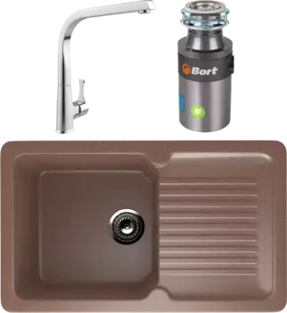 Комплект Мойка кухонная Ulgran U-506 -307 терракот + Смеситель MEGA Mega + Измельчитель Bort Titan 4000 Plus