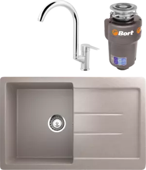 Комплект Мойка кухонная Ulgran U-507 -302 песочная + Смеситель MEGA Snow MG-SH03 хром + Измельчитель Bort Titan 5000 Control
