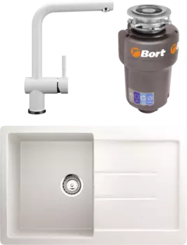 Комплект Мойка кухонная Ulgran U-507 -331 белая + Смеситель U-022 белый + Измельчитель Bort Titan Max Power