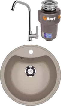 Комплект Мойка кухонная Ulgran U-601 -302 песочная + Смеситель MEGA City MG- ZRV104 хром + Измельчитель Bort Titan Max Power FullControl