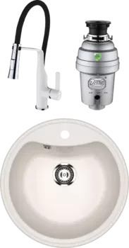Комплект Мойка кухонная Ulgran U-601 -331 белая + Смеситель Clever Chef 99733 белый, с гибким изливом + Измельчитель Zorg Inox D
