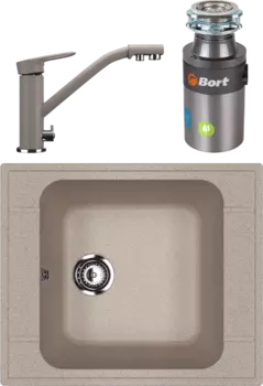 Комплект Мойка кухонная Ulgran U-604 -302 песочная + Смеситель U-010 -302 песочный + Измельчитель Bort Titan 4000 Plus