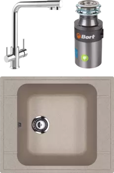 Комплект Мойка кухонная Ulgran U-604 -302 песочная + Смеситель MEGA Life MG-TK05 хром + Измельчитель Bort Titan 4000 Control