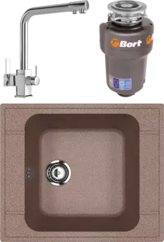 Комплект Мойка кухонная Ulgran U-604 -307 терракот + Смеситель MEGA Life MG-TK06 хром + Измельчитель Bort Titan 5000
