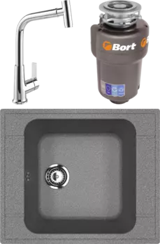 Комплект Мойка кухонная Ulgran U-604 -309 темно-серая + Смеситель MEGA Life MG-TK09 хром + Измельчитель Bort Titan Max Power