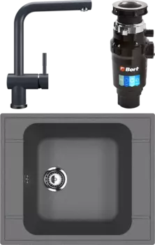 Комплект Мойка кухонная Ulgran U-604 -343 антрацит + Смеситель U-022 антрацит + Измельчитель Bort Master Eco