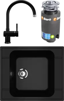Комплект Мойка кухонная Ulgran U-604 -344 ультра-черная + Смеситель U-021 ультра-черный + Измельчитель Bort Titan 4000