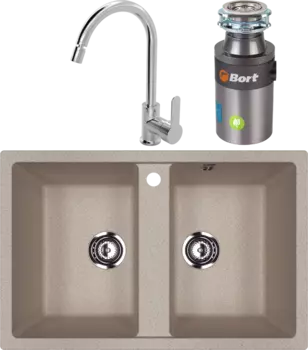 Комплект Мойка кухонная Ulgran U-608 -302 песочная + Смеситель MEGA City MG-ZRV102 хром + Измельчитель Bort Titan 4000 Control