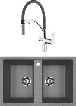 Комплект Мойка кухонная Ulgran U-608 -309 темно-серая + Смеситель Lemark Comfort LM3074C-Gray с гибким изливом, хром, серый
