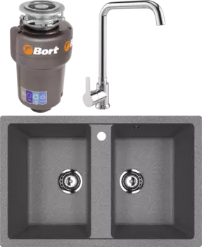Комплект Мойка кухонная Ulgran U-608 -309 темно-серая + Смеситель MEGA Ege MG-PL10 хром + Измельчитель Bort Titan 5000 Control