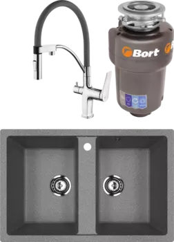 Комплект Мойка кухонная Ulgran U-608 -309 темно-серая + Смеситель Lemark Comfort LM3074C-Gray с гибким изливом, хром, серый + Измельчитель Bort Titan 5000