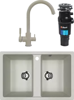 Комплект Мойка кухонная Ulgran U-608 -310 серая + Смеситель Polygran Элара Дуо 627659 серый + Измельчитель Bort Titan 7000