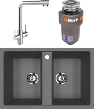 Комплект Мойка кухонная Ulgran U-608 -343 антрацит + Смеситель MEGA Life MG-TK05 хром + Измельчитель Bort Titan Max Power FullControl