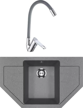 Комплект Мойка кухонная Ulgran U-609 -309 темно-серая + Смеситель РМС SL137GY 016F хром, серый, с гибким изливом