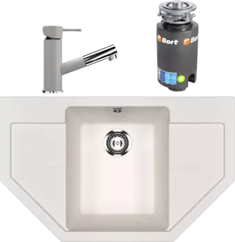 Комплект Мойка кухонная Ulgran U-609 -331 белая + Смеситель U-009 -331 белый + Измельчитель Bort Titan 4000
