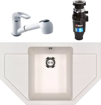 Комплект Мойка кухонная Ulgran U-609 -331 белая + Смеситель Potato P6036 P6036-7 белый + Измельчитель Bort Master Eco