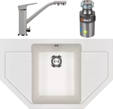 Комплект Мойка кухонная Ulgran U-609 -341 ультра-белая + Смеситель U-010 -331 белый + Измельчитель Bort Titan 4000 Plus