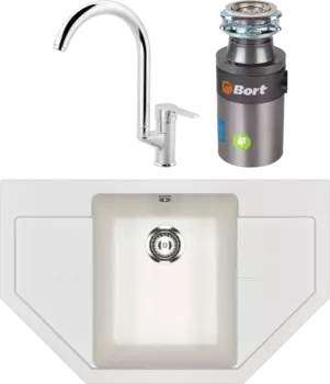 Комплект Мойка кухонная Ulgran U-609 -341 ультра-белая + Смеситель MEGA Snow MG-SH03 хром + Измельчитель Bort Titan 4000 Control