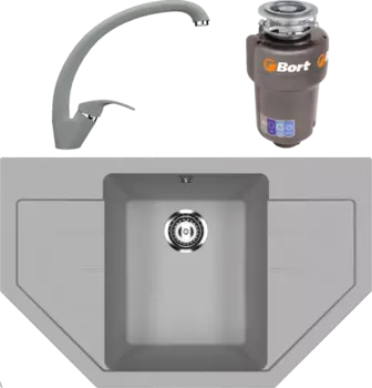 Комплект Мойка кухонная Ulgran U-609 -342 графит + Смеситель U-007 -342 графитовый + Измельчитель Bort Titan 5000