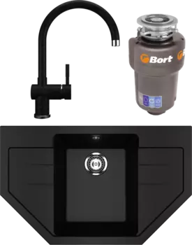 Комплект Мойка кухонная Ulgran U-609 -344 ультра-черная + Смеситель U-021 черный + Измельчитель Bort Titan 5000 Control