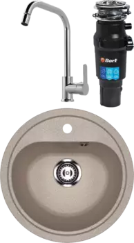 Комплект Мойка кухонная Ulgran U-700 -302 песочная + Смеситель MEGA City MG- ZRV104 хром + Измельчитель Bort Titan 7000