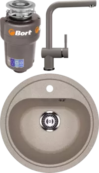 Комплект Мойка кухонная Ulgran U-700 -302 песочная + Смеситель U-022 песочный + Измельчитель Bort Titan Max Power