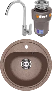 Комплект Мойка кухонная Ulgran U-700 -307 терракот + Смеситель MEGA City MG-ZRV102 хром + Измельчитель Bort Titan Max Power FullControl