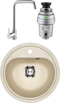 Комплект Мойка кухонная Ulgran U-700 -328 бежевая + Смеситель MEGA Ege MG-PL10 хром + Измельчитель Zorg Inox D