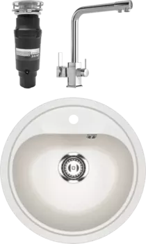 Комплект Мойка кухонная Ulgran U-700 -341 ультра-белая + Смеситель MEGA Life MG-TK06 хром + Измельчитель Bone Crusher BC 910-SL-Slim Line