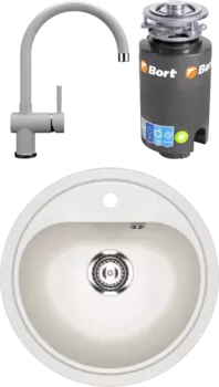 Комплект Мойка кухонная Ulgran U-700 -341 ультра-белая + Смеситель U-021 белый + Измельчитель Bort Titan 4000
