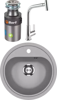 Комплект Мойка кухонная Ulgran U-700 -342 графит + Смеситель MEGA Life MG-TK09 хром + Измельчитель Bort Titan 4000 Control