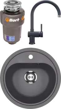 Комплект Мойка кухонная Ulgran U-700 -343 антрацит + Смеситель U-021 антрацит + Измельчитель Bort Titan 5000