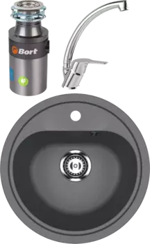 Комплект Мойка кухонная Ulgran U-700 -343 антрацит + Смеситель MEGA Mega MG-BMK016 хром + Измельчитель Bort Titan 4000 Plus