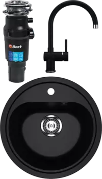 Комплект Мойка кухонная Ulgran U-700 -344 ультра-черная + Смеситель U-021 черный + Измельчитель Bort Titan 7000
