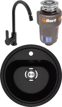Комплект Мойка кухонная Ulgran U-700 -344 ультра-черная + Смеситель MEGA City MG-ZRV102-b черный + Измельчитель Bort Titan 5000 Control