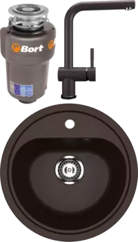 Комплект Мойка кухонная Ulgran U-700 -345 шоколад + Смеситель U-022 шоколад + Измельчитель Bort Titan Max Power FullControl