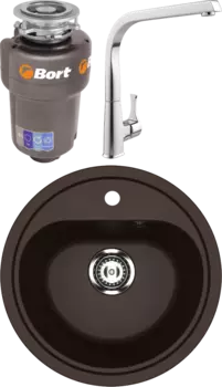 Комплект Мойка кухонная Ulgran U-700 -345 шоколад + Смеситель MEGA Mega + Измельчитель Bort Titan Max Power