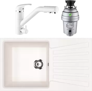 Комплект Мойка кухонная Ulgran U-703 -331 белая + Смеситель Paulmark Hessen He213017-431 белый матовый + Измельчитель Zorg Inox D