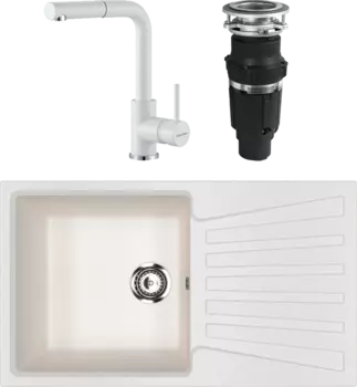 Комплект Мойка кухонная Ulgran U-703 -341 ультра-белая + Смеситель Paulmark Kassel Ka214311-431 белый матовый + Измельчитель Bone Crusher BC 610-AS