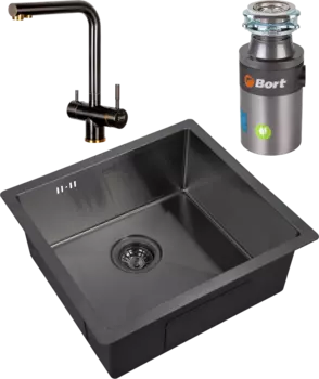 Комплект Мойка кухонная Zorg Inox PVD 4844 grafit + Смеситель Inox SZR-7039 BR/GRAFIT бронза графит + Измельчитель Bort Titan 4000 Control