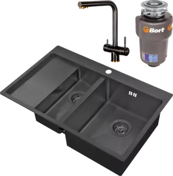 Комплект Мойка кухонная Zorg Inox PVD 5178-2-R grafit + Смеситель Inox SZR-7039 BR/GRAFIT бронза графит + Измельчитель Bort Titan 5000 Control