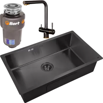 Комплект Мойка кухонная Zorg Inox PVD 7444 grafit + Смеситель Inox SZR-7039 BR/GRAFIT бронза графит + Измельчитель Bort Titan Max Power FullControl