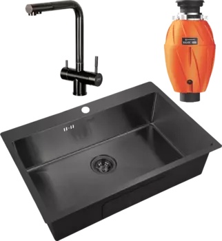 Комплект Мойка кухонная Zorg Inox PVD 7551 grafit + Смеситель Inox SZR-7039 GRAFIT графит + Измельчитель Omoikiri Nagare 1000