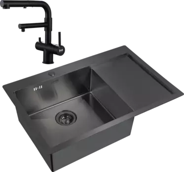 Комплект Мойка кухонная Zorg Inox PVD 7851 L grafit + Смеситель Sanitary SZR-3216 Grafit графит