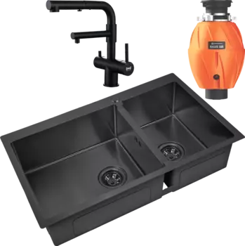 Комплект Мойка кухонная Zorg Inox PVD 78-2-51 L grafit + Смеситель Sanitary SZR-3216 Grafit графит + Измельчитель Omoikiri Nagare 500