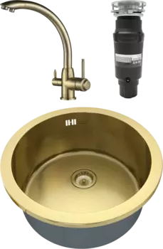 Комплект Мойка кухонная Zorg Inox PVD Inox Pvd SZR-500-BRONZE + Смеситель Steel Hummer SH 699 BRONZE бронза + Измельчитель Bone Crusher BC 910-SL-Slim Line
