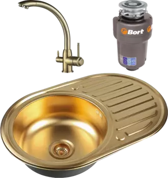 Комплект Мойка кухонная Zorg Inox PVD Inox Pvd SZR-7750 bronze + Смеситель Steel Hummer SH 699 BRONZE бронза + Измельчитель Bort Titan 5000 Control